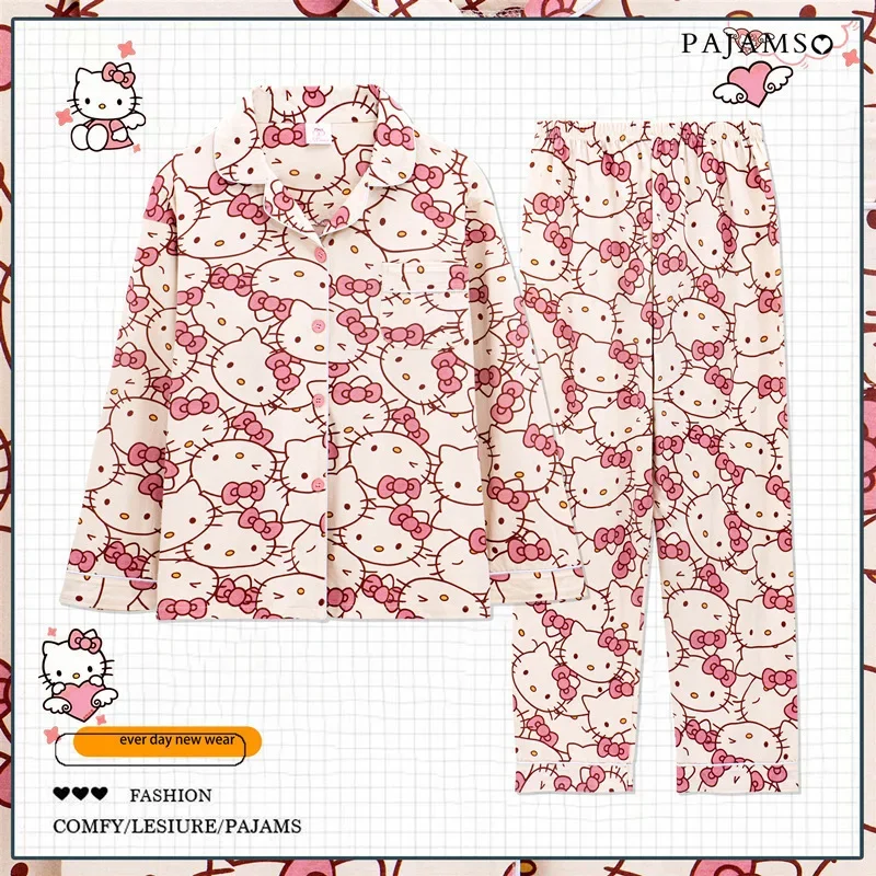 อะนิเมะ Kawaii Hello Kitty ผู้หญิงชุดนอน Sanrioed Kuromi Cinnamoroll ฤดูใบไม้ร่วงผ้าฝ้าย Homewear สาวการ์ตูน Nightgown เสื้อกางเกง