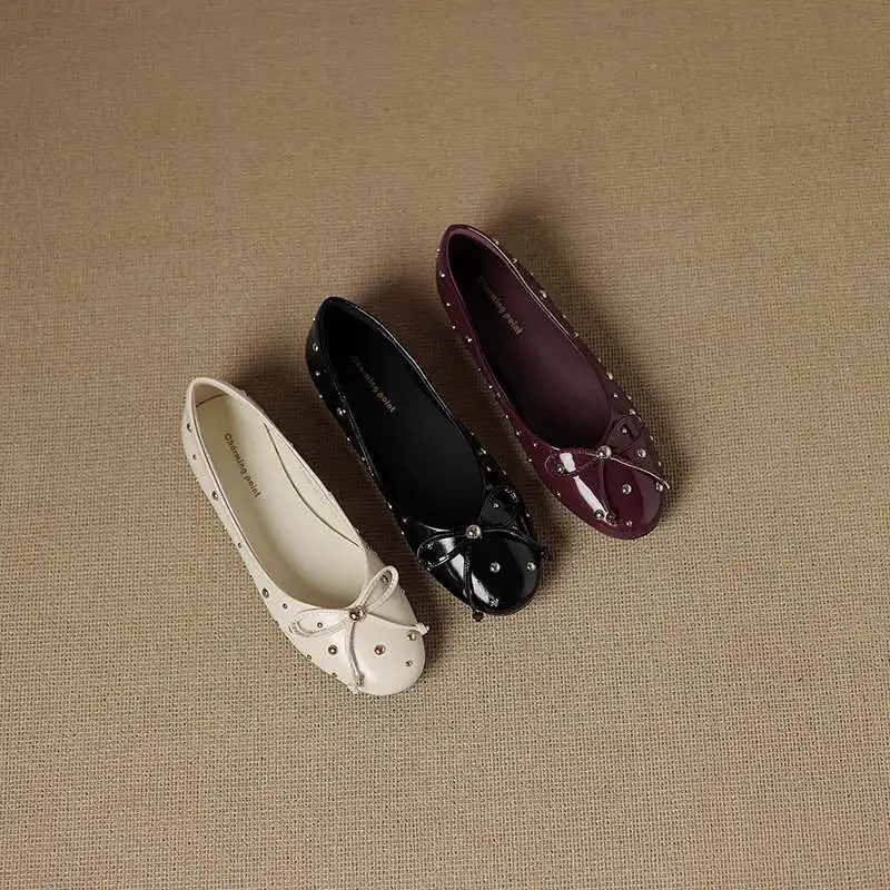 كرازينغ وعاء جلد البقر جولة تو المرأة الصيف راقصة الباليه الشارع ارتداء راقصة الباليه المسامير المعدنية الضحلة فراشة عقدة الشقق #5