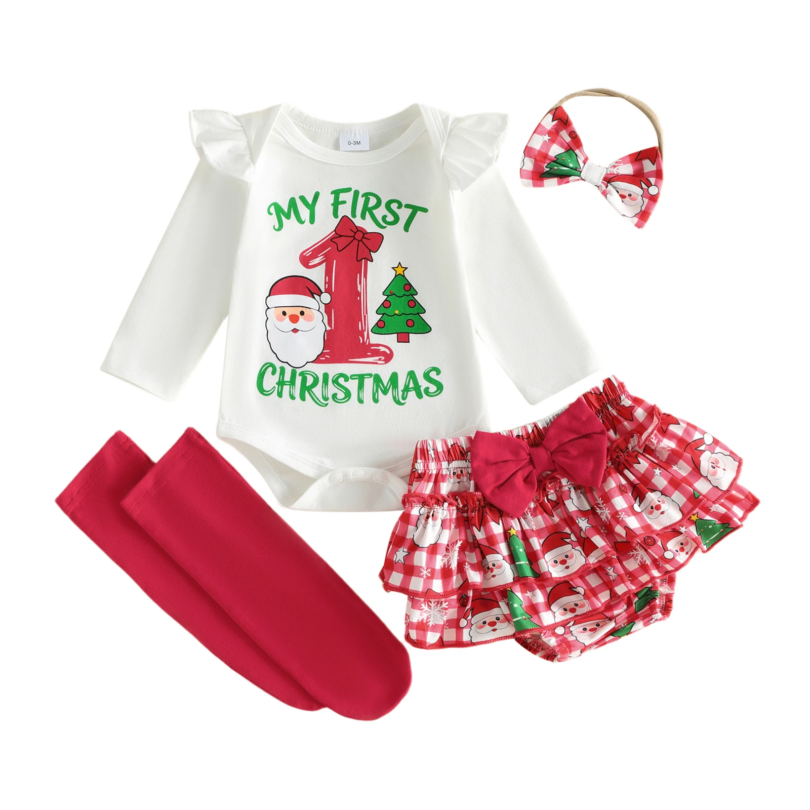 Baby Girl Christmas Clothes Flying Sleeves Romper and Shorts Headband Socks