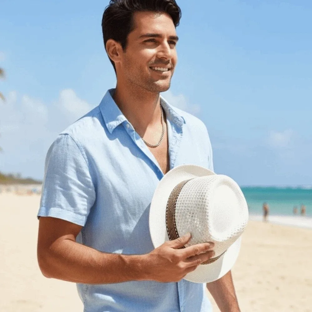 

Sun Cap Short Brim Men Panama Hat Breathable Hollow Out Woven Straw Hat Sunshade Topi Sombrero Vacation Beach Cap Daily