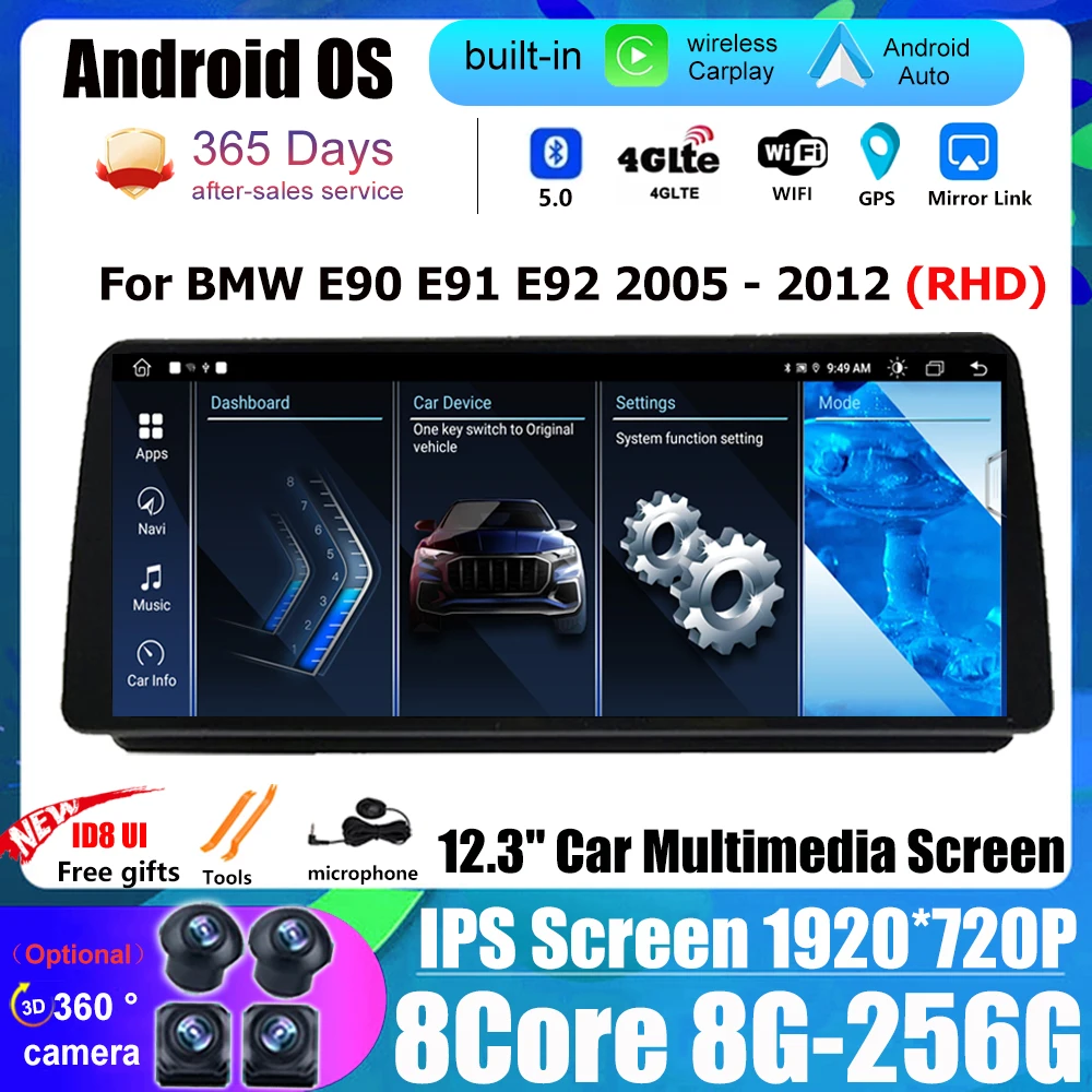 

12.3" Android 14 For BMW 3 Series E90 E91 E92 2007 - 2012 RHD 1920*720 ID8 Auto Radio Multimedia Player GPS BT 4G WIFI IPS