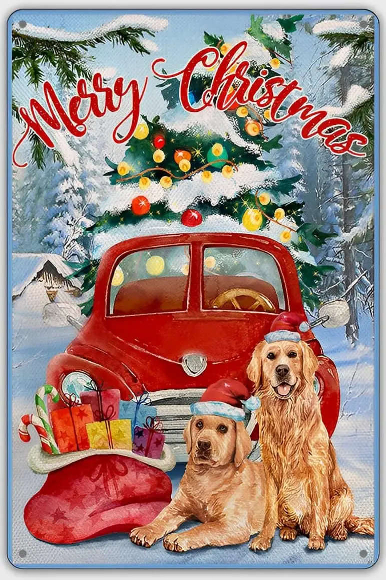 Merry Christmas Xmas Tree Gifts Bag Golden Retriever Dog Puppy Red Truck Home Coffee Wall Decor Home Bar Man Cave Diner Garage D