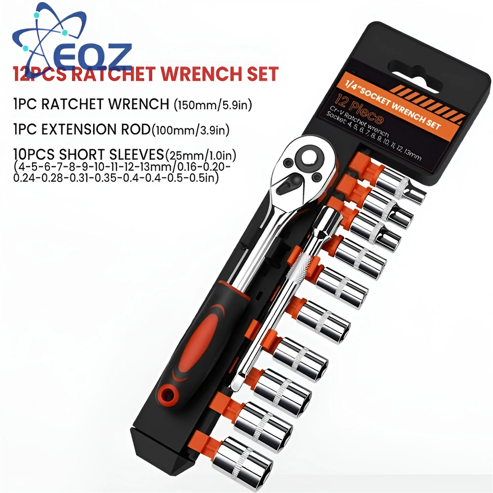 12 in 1 Combination Set Vanadium Steel Torque Ratchet Wrench Set 1/4 \