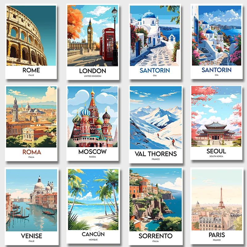روما إيطاليا لندن سورينتو المشارك سانتوريني اليونان باريس السفر حائط لوح رسم الفن لغرفة المعيشة ديكور المنزل كوادروس