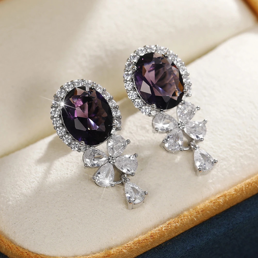 Huitan Gorgeous Purple Cubic Zirconia Dangle Earrings for Women Exquisite Birthday Gift Fashion Accessory Wedding Party Jewelry