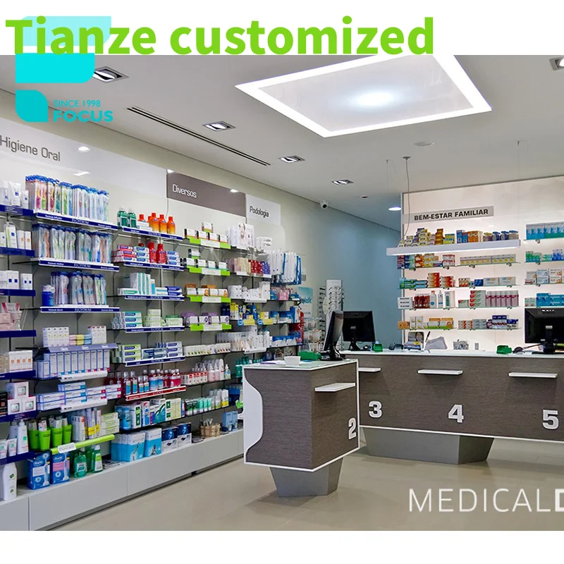 Customized-Retail Pharmacy Shop Interior Design Showcase Display Tempered Glass Pharmacy Display Rack