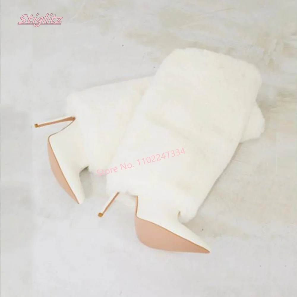 White Fur Knee High Boots 2024 Women's Solid Luxury Pointed Toe Stiletto footwear Slip-on Casual Party Shoes New Arrival Winter