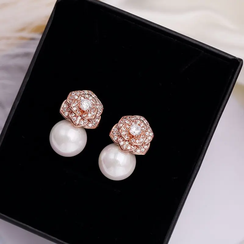 New Ear Accessories With Feminine Temperament And Personality, 925 Silver Needle Micro Inlaid Zircon Pearl Earrings, Banquet Cam