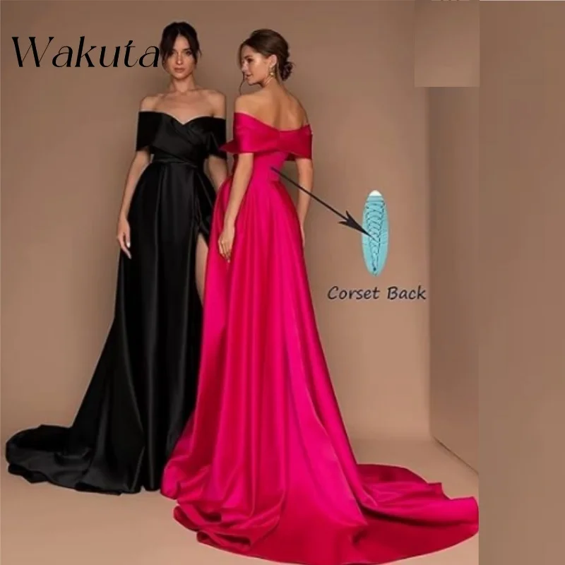 Wakuta-Off Shoulder Satin Prom Robe, sem mangas com bolsos, fenda alta longa, A-Line, vestido de noite formal, clássico