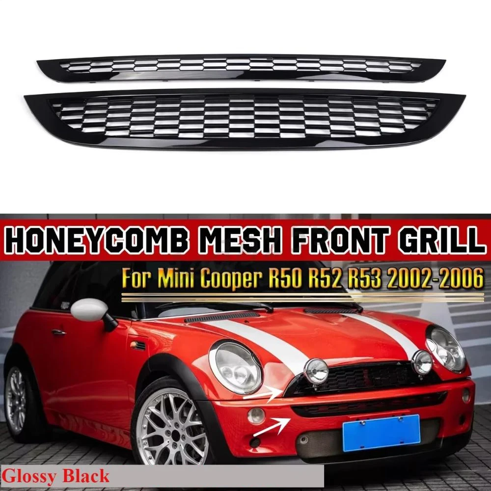 Glanzend Zwart Front Upper Lower Grill Compatibel Voor MINI R50 R52 R53 51137026202 Honingraat Mesh Guard Trim Cover