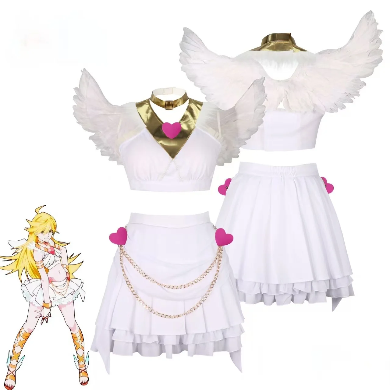 

Anime Panty & Stocking With Garterbelt Panty Anarchy Cosplay Costumes Angel Form White Top Skirt With Wings Halloween Outfit