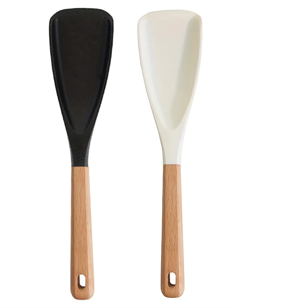 2pcs of Heavy-duty Non-stick Silicone Cookware, 12-inch Silicone Spoons and Spatulas with Wooden Handles, for Cooking, Serving, Mixing, Scooping and Scraping, Black