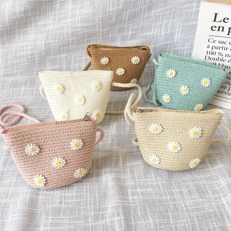 Summer Children's Straw Woven Messenger Bag Lovely Girls Small Coin Purse Handbags Baby Kids Mini Shoulder Bags Princess Wallet