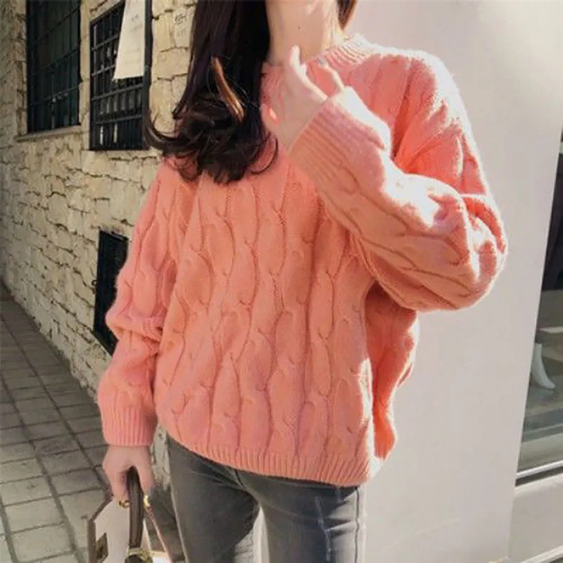 Fashion O-Neck Loose Solid Color Knitted Sweater Female Clothing 2023 Winter New Casual Pullovers Korean Tops