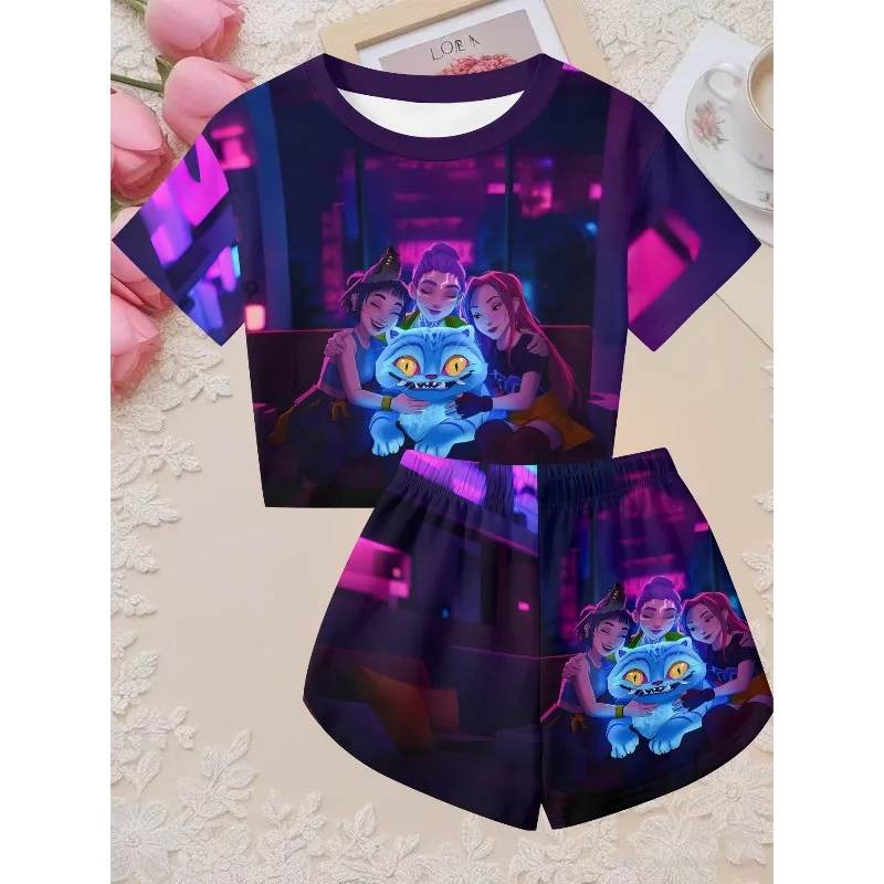 Girls 2Pcs Crop Outfit Cute Cartoon Cat Doll & Anime Girl Print Short Sleeve Tee Elastic Shorts Kids Summer Pajama Dance Outfit