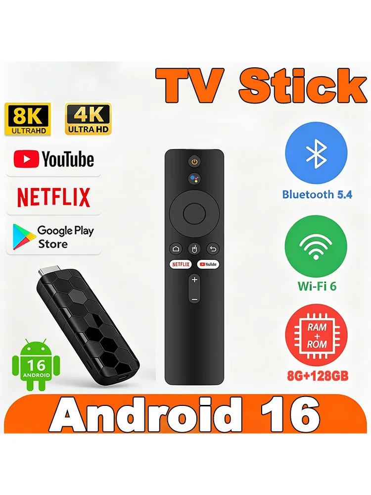 Android 16 4K/8K UHD Streaming TV Stick 8GB+128GB Pamięć WiFi6 Bluetooth Przyjazny dla użytkownika interfejs Odtwarzacz do kina domowego dla Netflixa i YouTube — 2