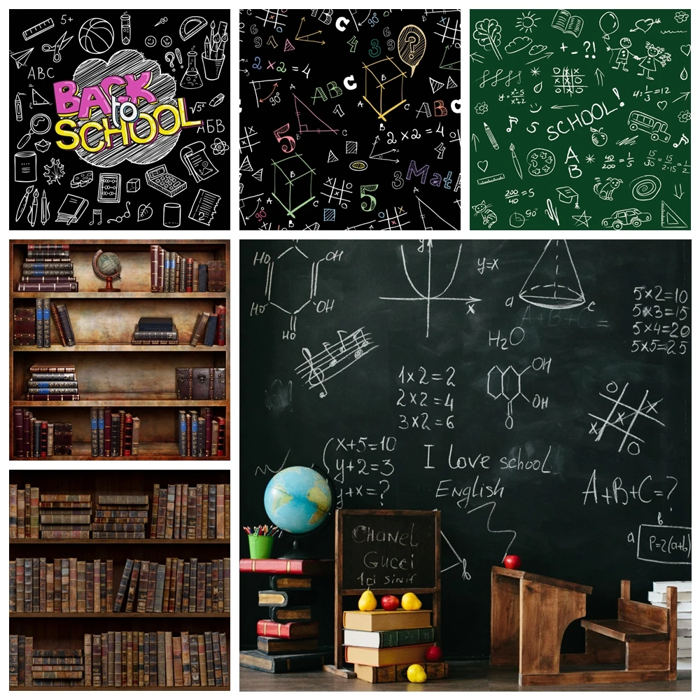 Back to School First Day Party Photography Backdrop Blackboard Pencil Library Bookshelf Book Interior Photo Background Photocall