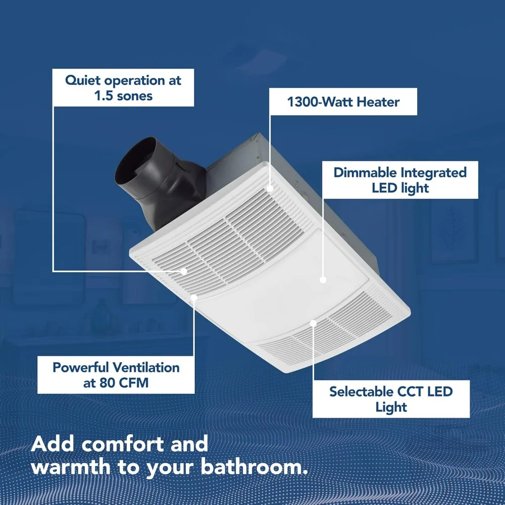 Broan-NuTone Bathroom Exhaust Fan with Heater Quiet 1.5 Sones, 80 CFM and 3-Level CCT Lighting, Powerful Ventilation