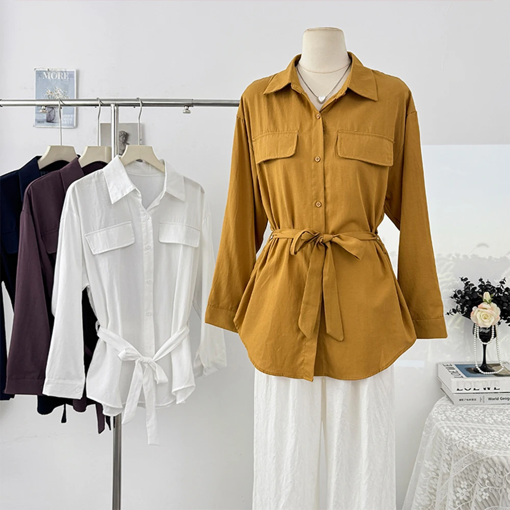 Single Breasted Waist Tied Shirt Women Lapel Collar Long Sleeve Work Shirt 2025 Autumn Korean Fashion Female Casual Commute Tops