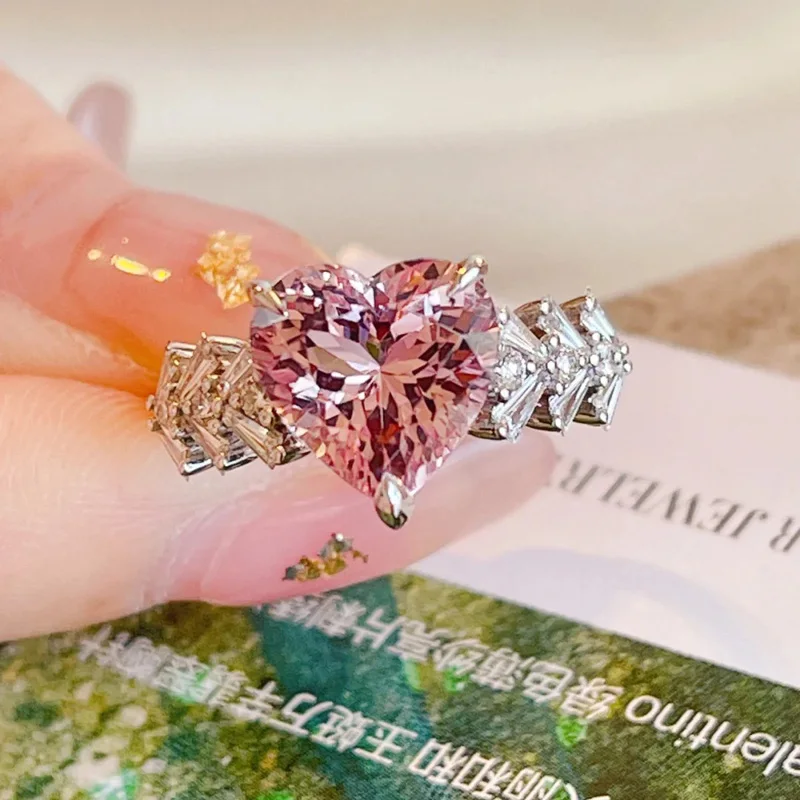 Pink Love Heart Women Ring with Bright AAA Zircon Stone Wedding Engagement Ring 925 Silver Jewelry Open Women Ring