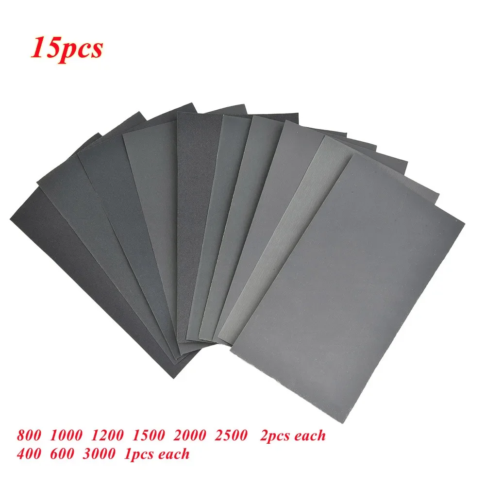 15pcs Car Sur Face Sand Paper 400-3000 Grit Car Metal Glass Ceramics Wood Polishing Sandpaper Wet/Dry Use Car Polishing