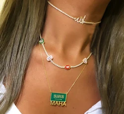 Geometric Arabic Letter CZ Choker Necklace for Women's Fashion Jewelry Full Cz Stone Tennis Necklaces Gold/Platinum Plated Color