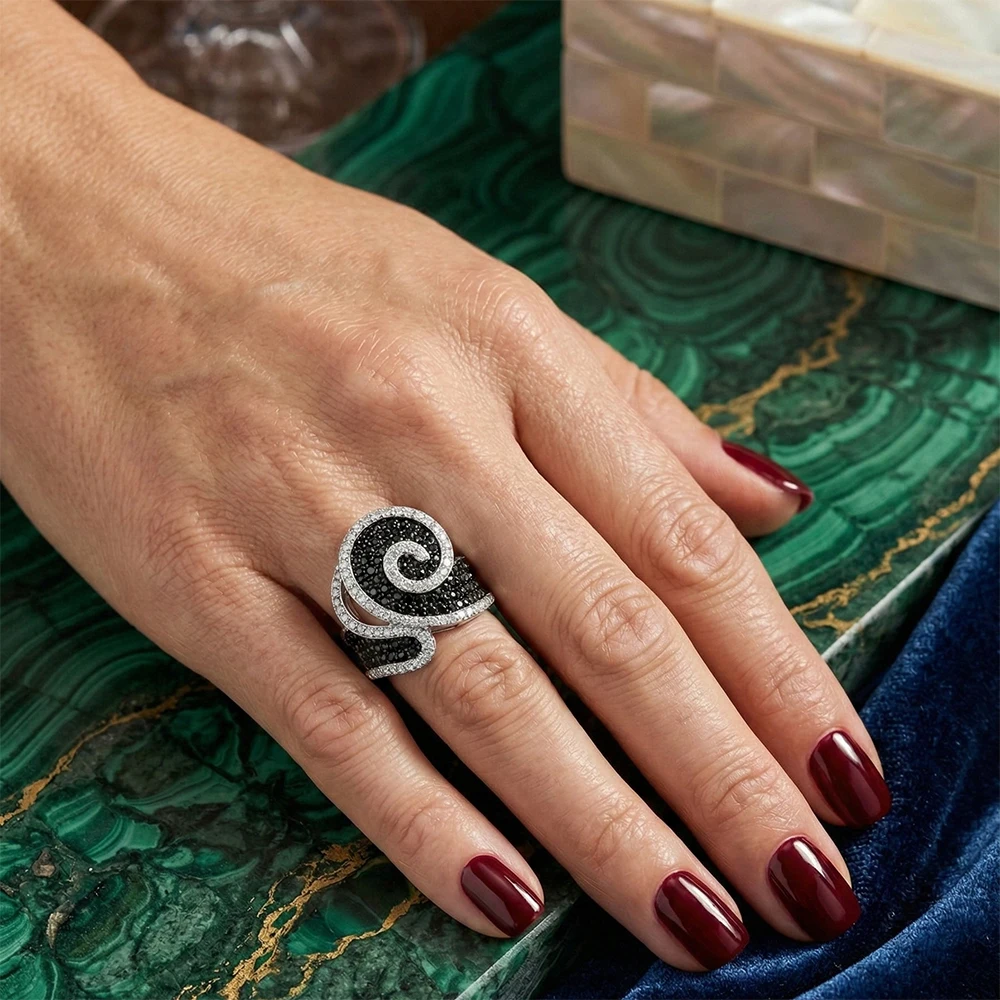 YLMyself Black White CZ Swirl Statement Ring Pave Crystal Fashion Jewelry For Women