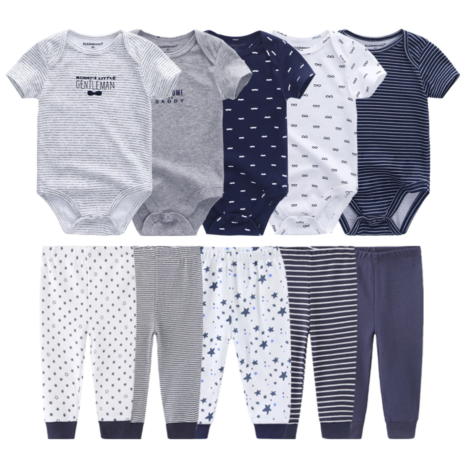 kiddiezoom 10Pcs 0-12M Mixed Print Baby Outfit Unisex All Season Cotton Short Sleeve Bodysuit and Leggings