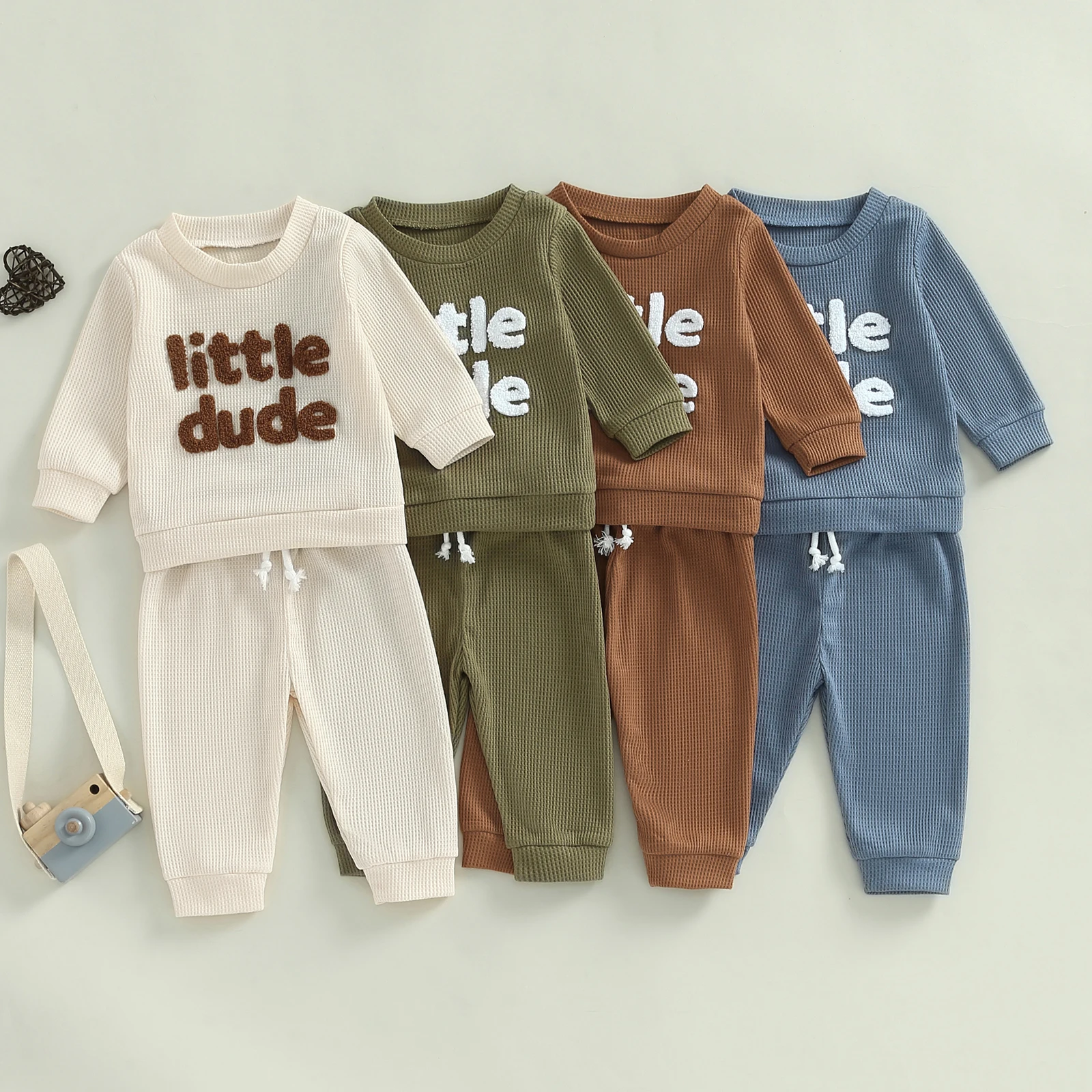 

Fashion Children Baby Boy Girl 2pcs Tracksuits Long Sleeve Embroidery Sweatshirt + Elastic Waist Long Pants Waffle Kids Outfis