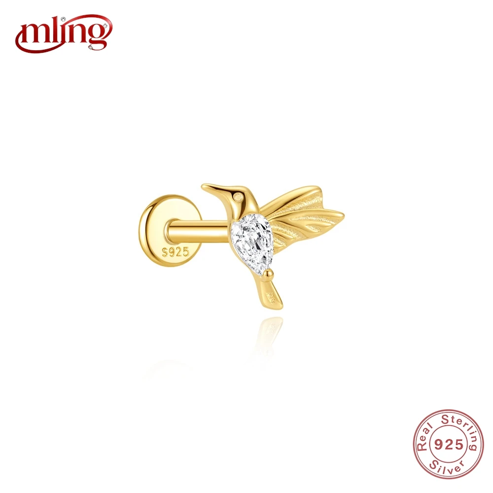 

MLING 1PC Hummingbird CZ Cute 925 Sterling Silver Flat Head Thread Piercing Earring For Women Ins Small Fish Ear Bone Jewelry