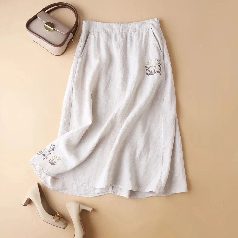 

Cotton Linen Women's Skirt Summer New Solid Color Embroidered Half-elastic Waist Thin Loose Fashion Casual A- Line Skirt