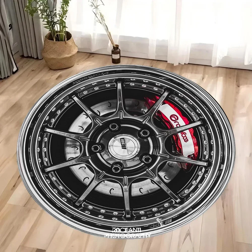 Crystal Velvet Carpet Car Wheels Printing Round Rug Soft Non-Slip Floor Mat for Living Room Bedroom Kitchen Bathroom Decor