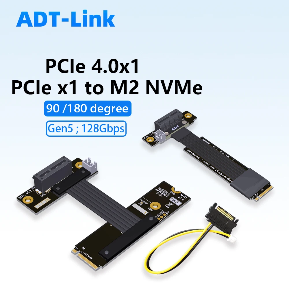 ADT-Link 90 180 Degree M.2 NVMe SSD To PCIe X1 4.0 Riser Cable Card USB Wireless LAN Audio Capture Card M2 Ultra Adapter 16G/bps