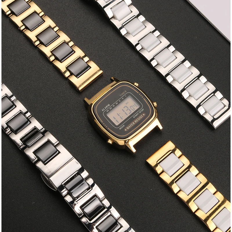 For Casio Small Square Ceramic Watch Band Women LA670 3191 LA670W Small Gold Watch Stainless Steel Ceramic Strap 13mm Bracelet