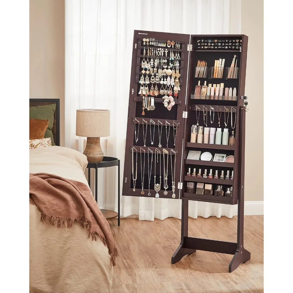 SONGMICS Jewelry Cabinet Armoire, Freestanding Lockable Storage Unit with 2 Plastic Cosmetic Storage, Full-Length