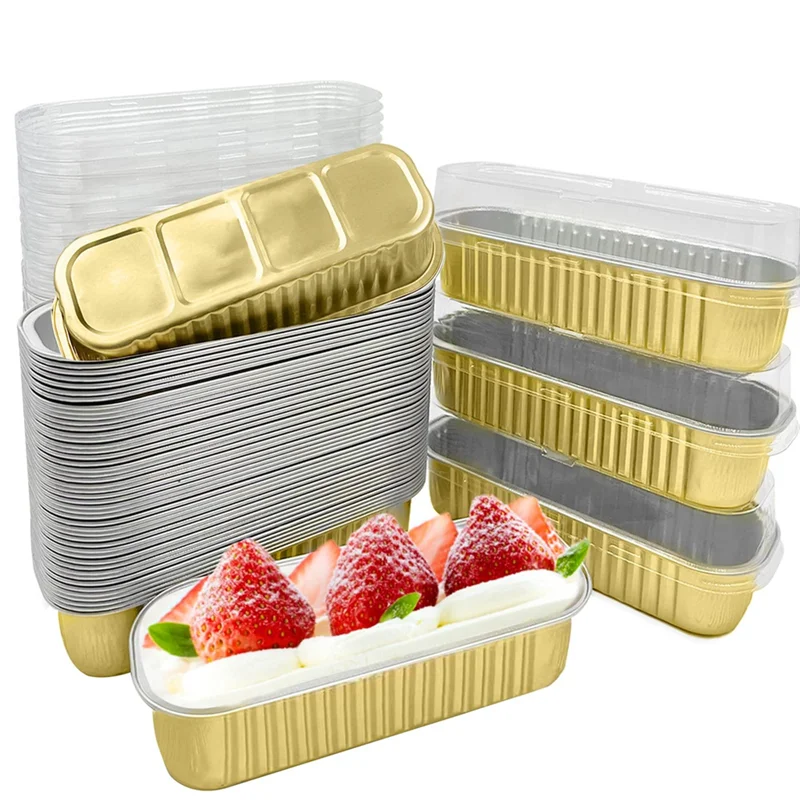 50PCS Disposable Aluminum Baking Cups Mini Loaf Pans Rectangle Muffin Tins Mini Narrow Cake Pans for Party