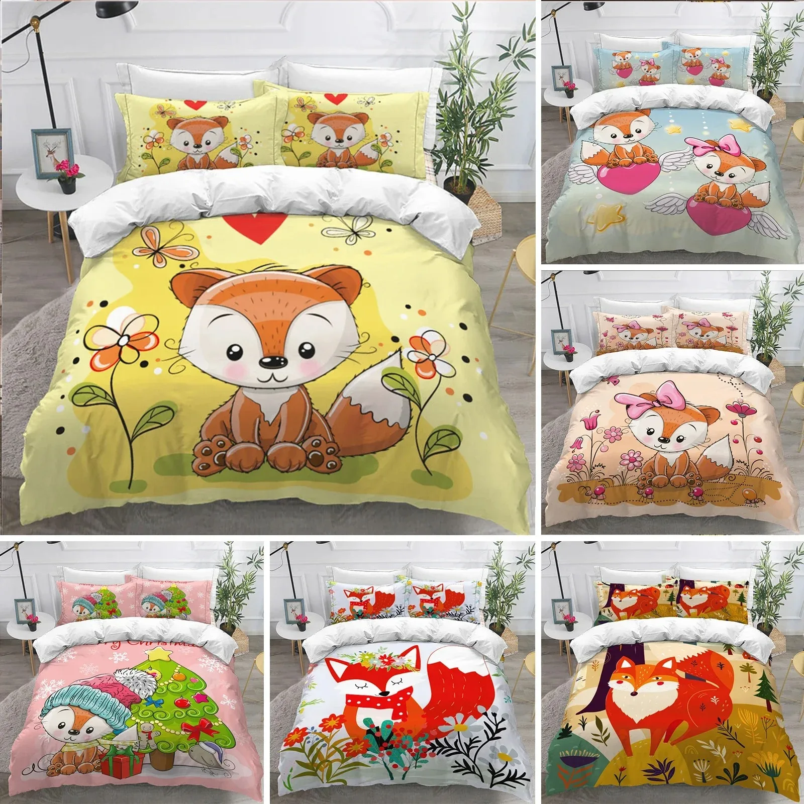 

Kids Cartoon Fox Duvet Cover Microfiber Bedding Set Lovely Animal Theme Comforter Cover King For Kids Adults Girls Bedroom Decor