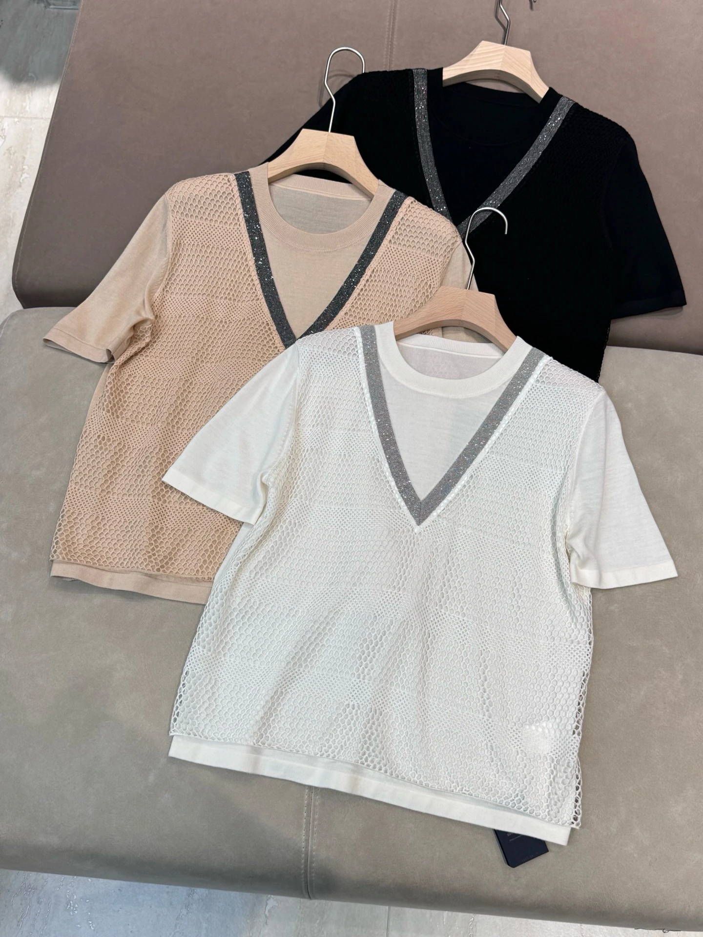 Silk Wool ort Sve T-irt Knitted Hollow out round Ne Casual Loose Fit Summer Women's Faion Basic  Color Top