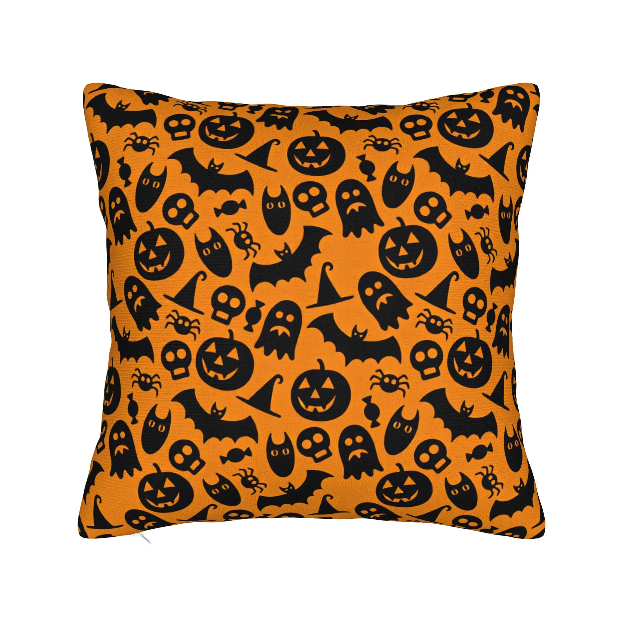 Halloween Silhouette Pumpkin Ghost Bat Witch Hat Seamless Pattern Orange Background Pillow Case  Pillow Cover Soft Pillowcases