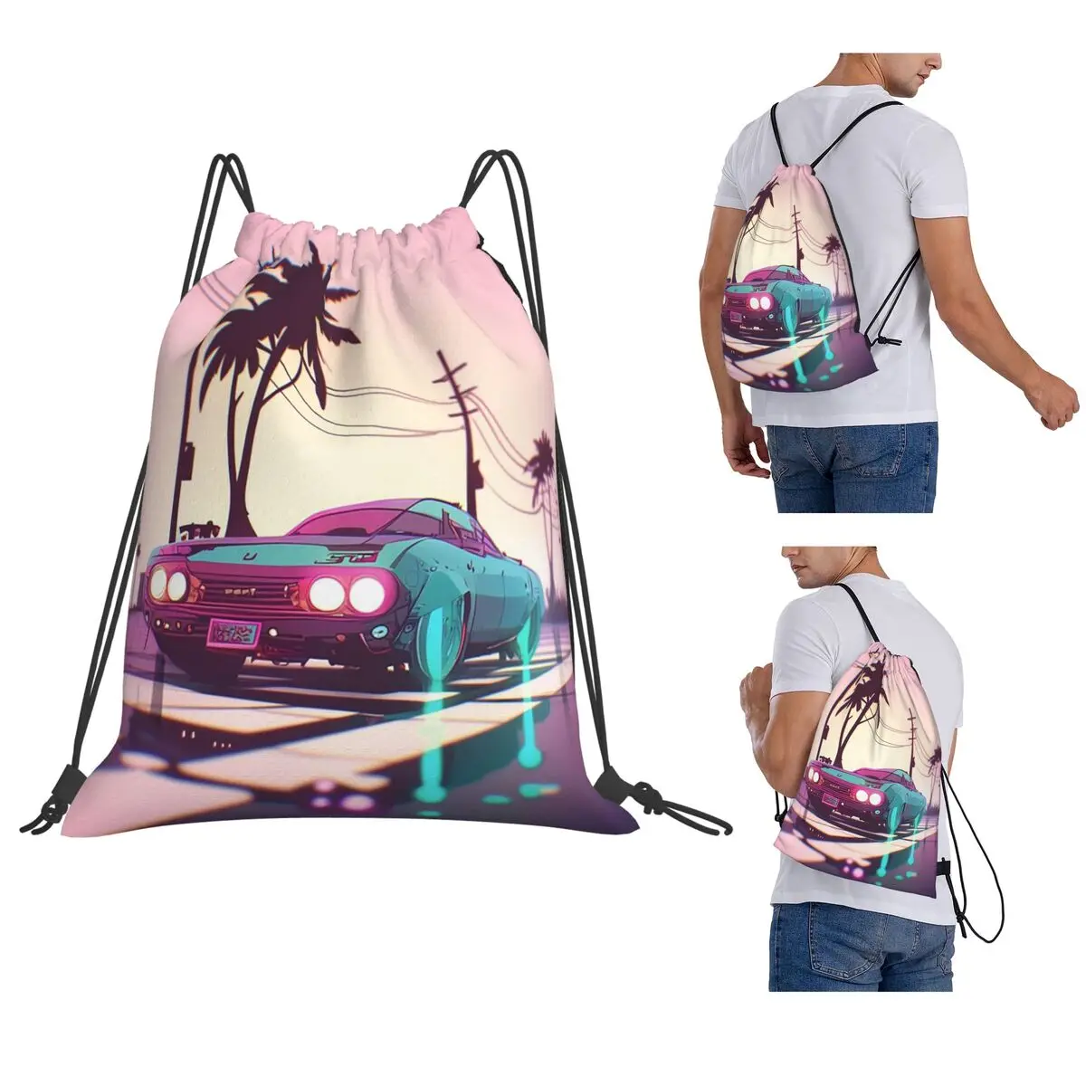 

Vaporwave Summer Neon Cruise Backpacks Multi-function Drawstring Bags Sports Bag Book Bags for Man Woman School