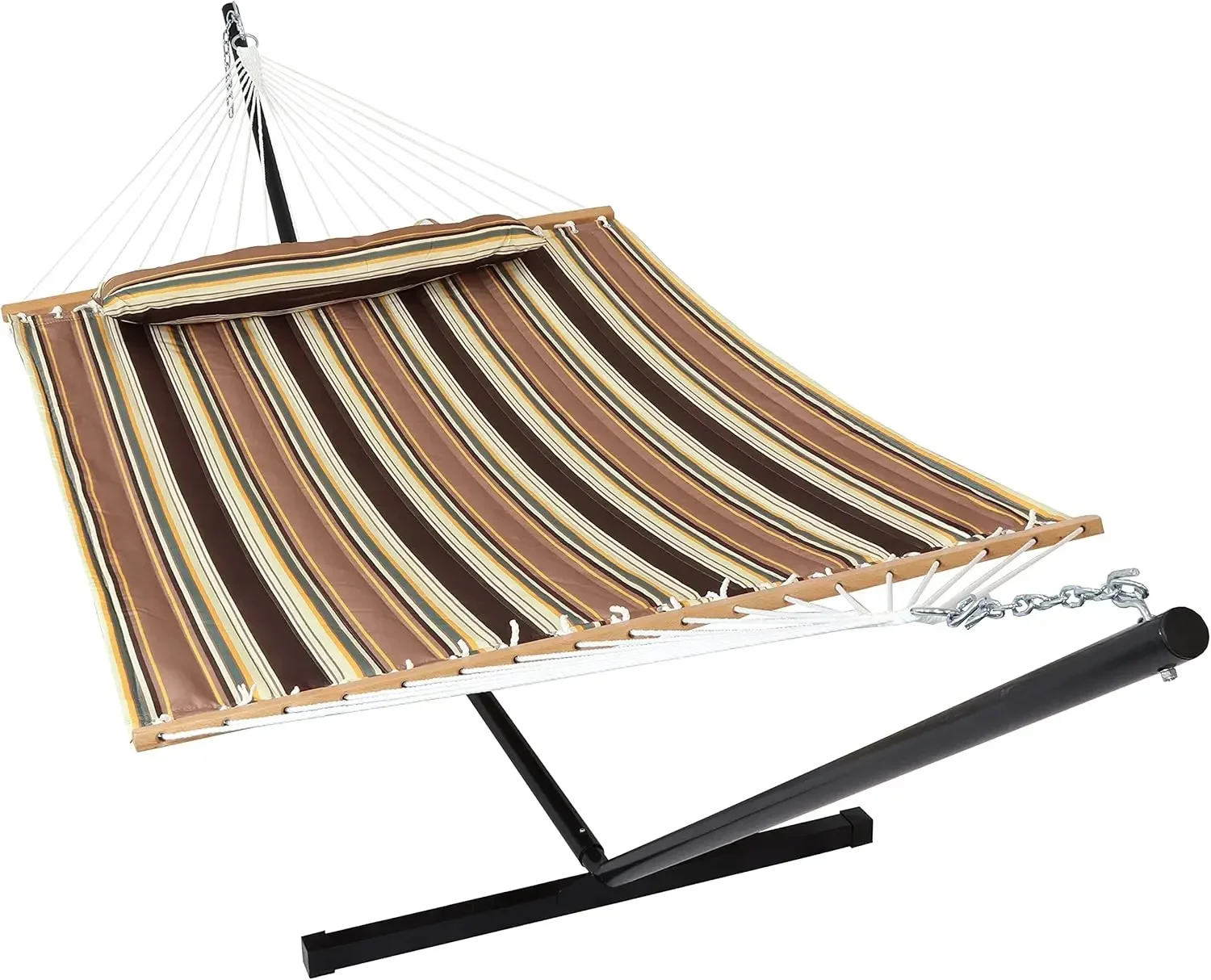 Double Quilted Fabric Hammock with 12-Foot Stand and Pillow - 350-Pound Capacity - Black Stand - Sandy Beach