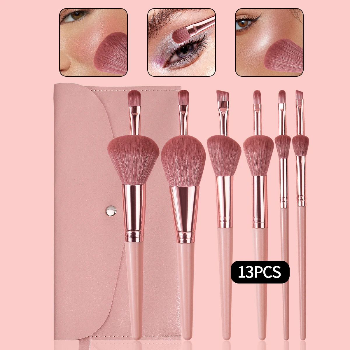 13-delige gezichtsmake-upborstelset wordt geleverd met een draagbare envelop, opbergtas voor make-upborstels, blush, foundation en eyelinerborstels