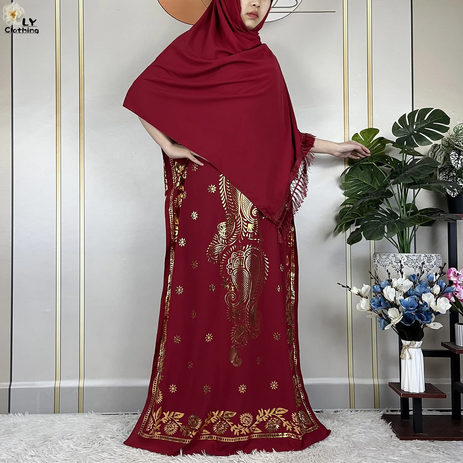 2024 New Summer Woman Short Sleeve Loose Dress Gold Stamping African Abaya Maxi Islam Women Femme Dress With Big Scarf Clothes