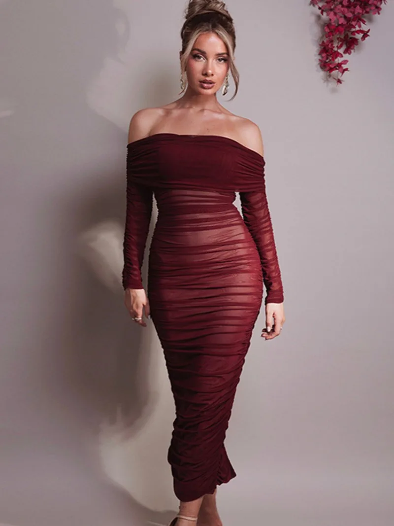 

Elegant Slash Neck Bodycon Folds Mesh Long Dress Women Sexy Off Shoulder Full Sleeve Solid Evening Party Dresses Festival Outfit