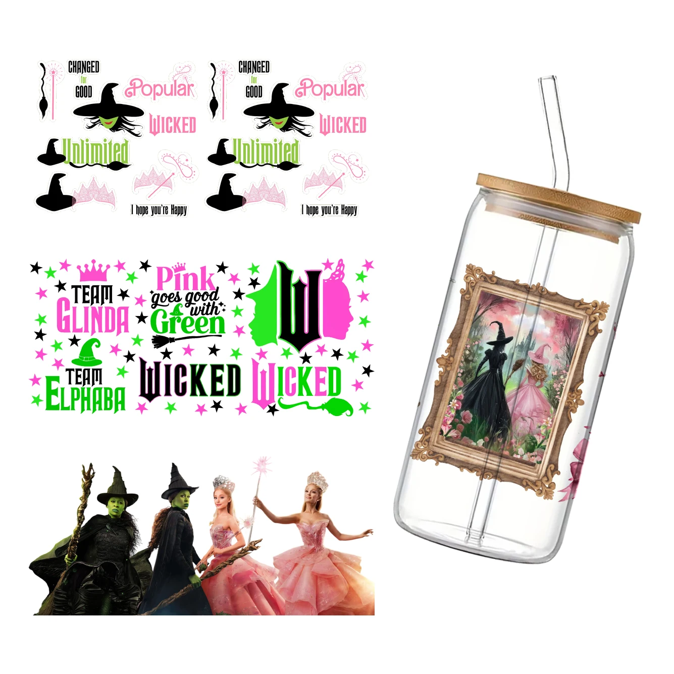 New Arrival Movie Hotsale Wicked UV DTF Sticker Waterproof Decals For 16oz Glass Cup Wrap Stickers 11*24cm