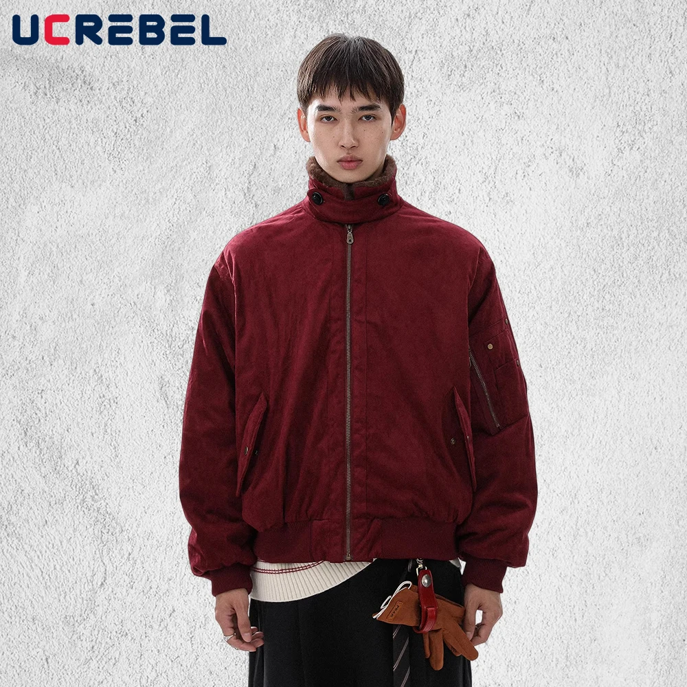 

Retro Ma-1 Bomber Quilted Jacket Mens Solid Color Winter Streetwear Spliced Lapel Long Sleeve Loose Thick Outerwear Man