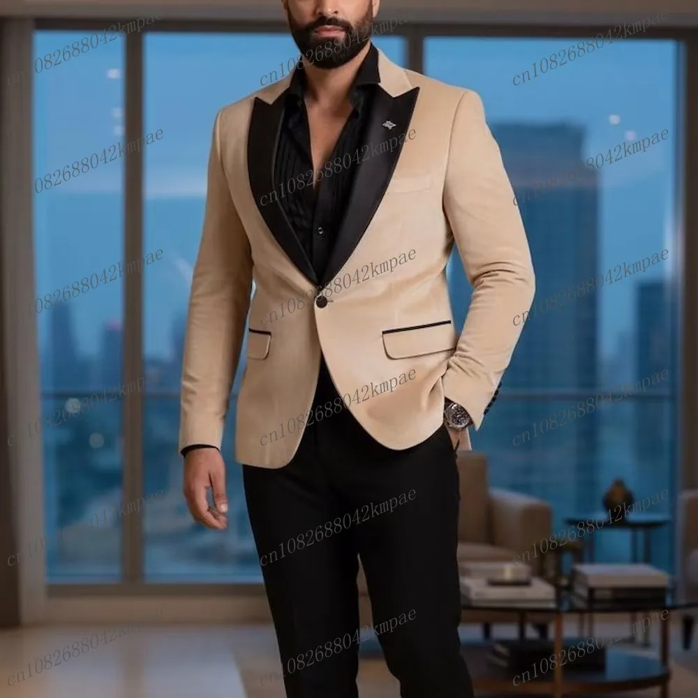 

New Beige And Black Men Formal Tuxedos Groom Groomsman Wedding Party Prom Male Business Suit 2 Piece Set Blazer Pants