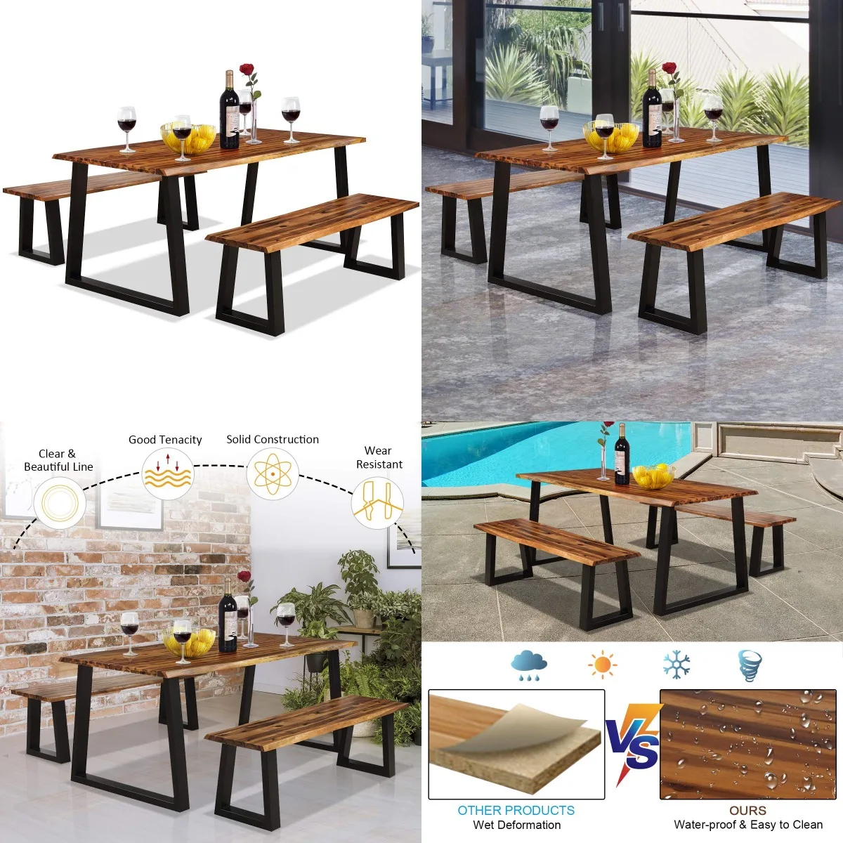 

3PCS Wooden Dining Set Bench Chair Rustic Indoor&Outdoor Furniture Brown Black Customized