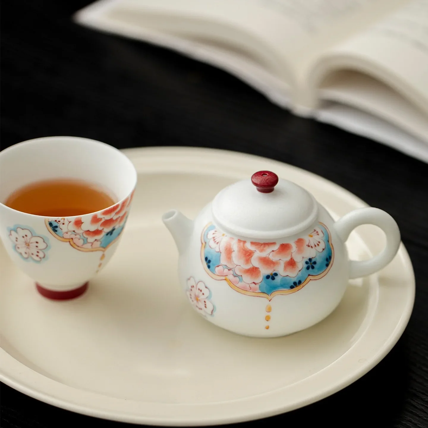 Hand-painted Fat White Xia Phi Peony Household TeaSet Collection KungFu TeaSet Ceramic Teapot Cover Bowl Teacup Saucer Ornaments