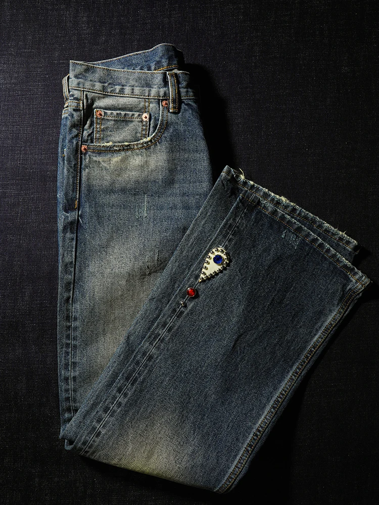 

Retro Distred Blue Rivet Embedded Diamond Roing Ear Jeans Bell Bot Mbbcar Slim Fit 707 Youth Casual Cotton Jeans